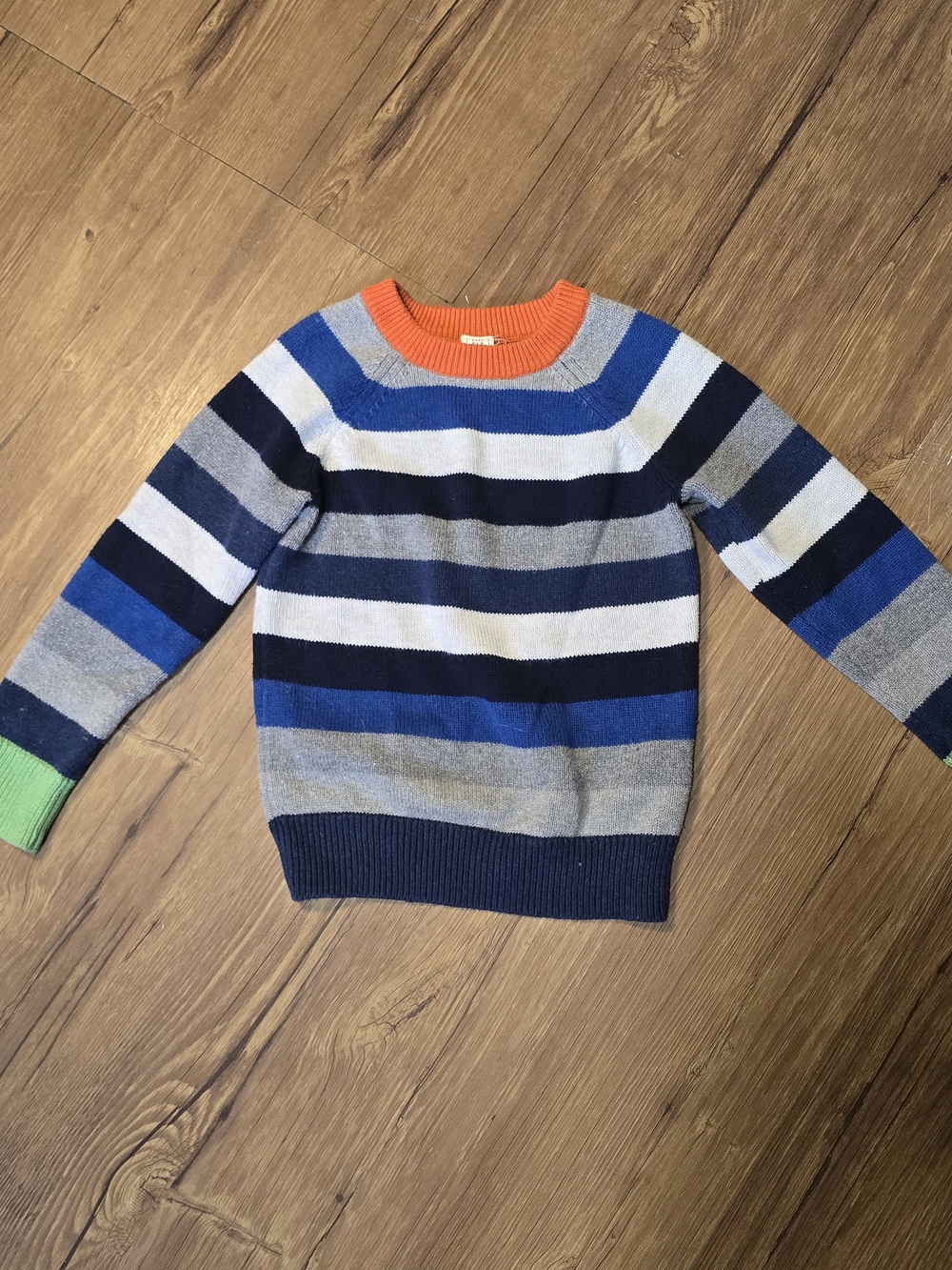 Bsby GAP Boys Striped Crewneck Sweater in Blue, Gray Orange Green Cuff 5 years